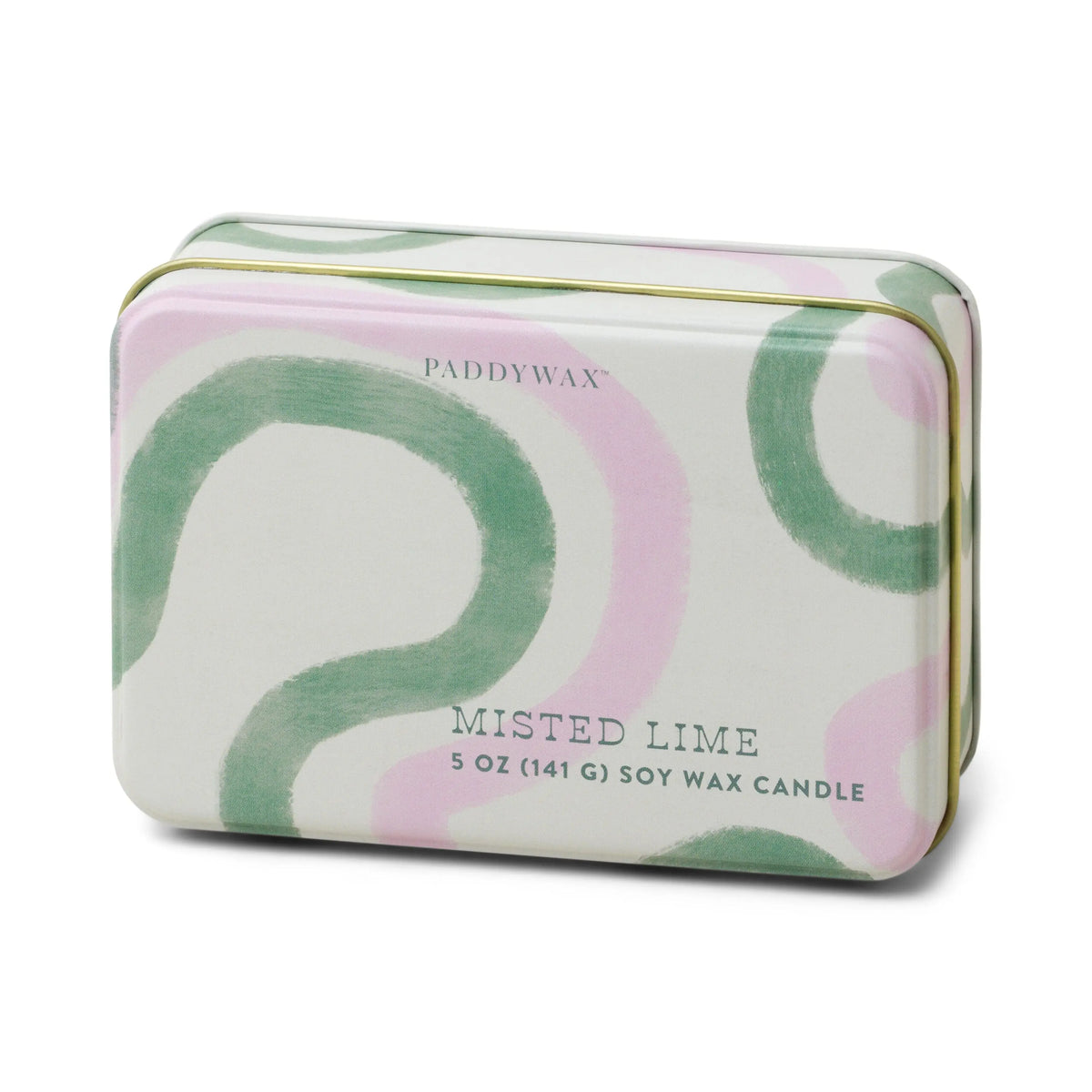 A rectangular tin candle called Misted Lime - 5 oz Tin Candle, featuring a green and pink abstract-design lid and made with soy wax.