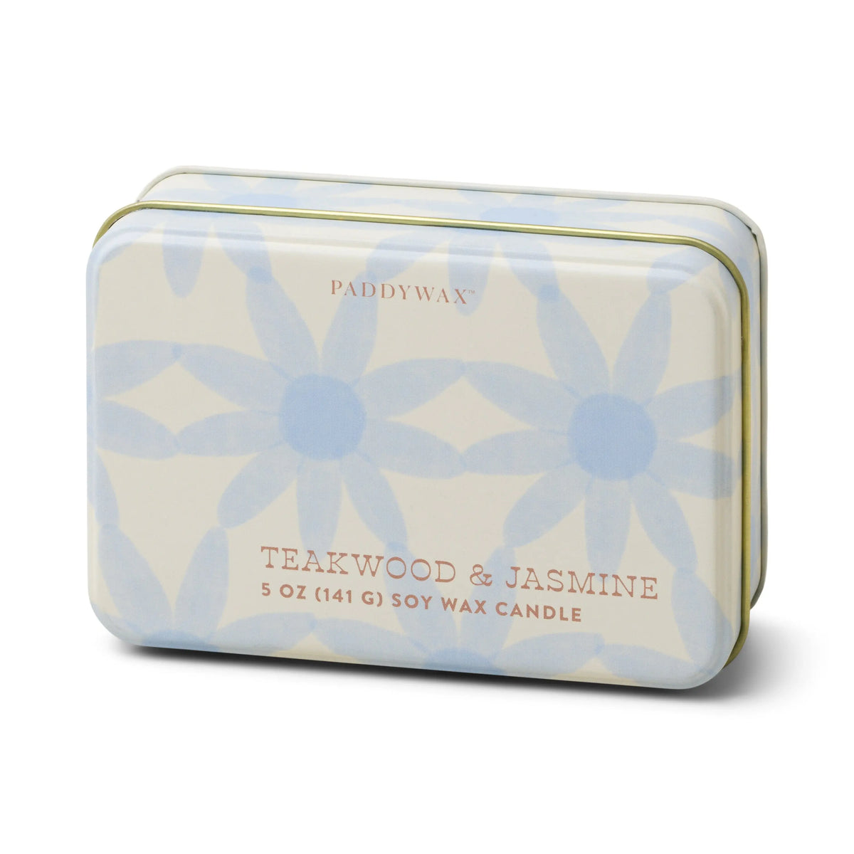 Teakwood & Jasmine - 5 oz Tin Candle: a rectangular tin candle featuring a floral design, filled with floral-scented soy wax.