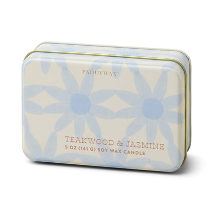 Teakwood & Jasmine - 5 oz Tin Candle: a rectangular tin candle featuring a floral design, filled with floral-scented soy wax.