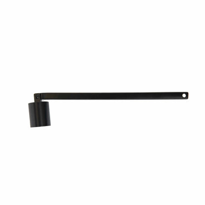 The Black Candle Snuffer features a matte black finish with a long, flat handle and a cylindrical end, complemented by a hole at the opposite side of the handle. Showcased against a white background, this candle snuffer is designed with simplicity and minimalism in mind.